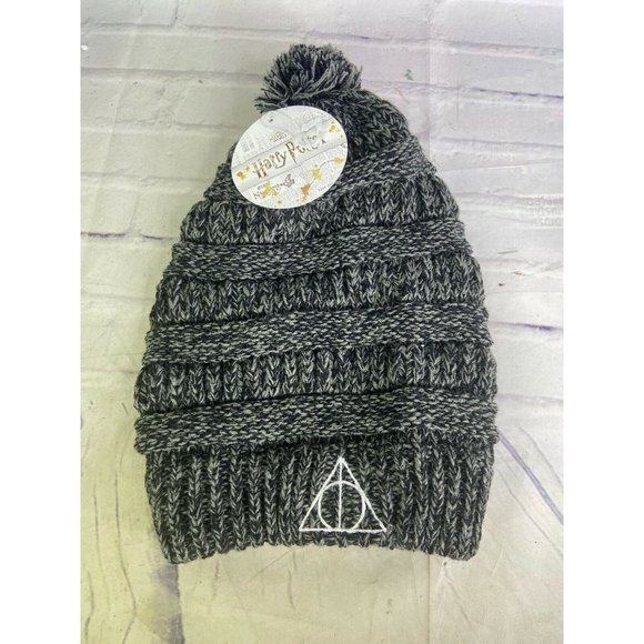 Harry Potter Deathly Hallows Logo Gray Knit Pom Slouch Beanie Hat Cap Adult NEW main image 4
